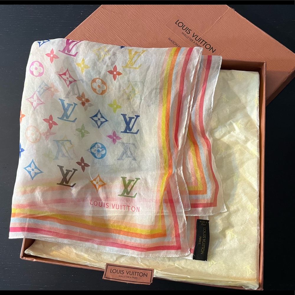 Authentic Louis Vuitton multicolor monogram Murakami Silk Scarf - Picture 2 of 8